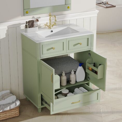 REDOM Mobile sottolavabo 81x45.5x86.5 cm, lavabo in ceramica, cassetto soft close, ripiani aperti, MDF verde