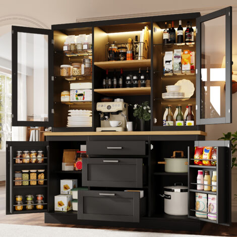 REDOM Credenza da cucina 140x40x185 cm, LED RGB controllata tramite app, 3 cassetti, ripiani regolabili, MDF nero