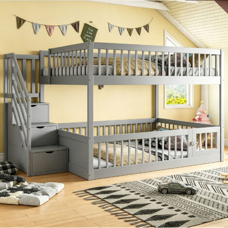 REDOM Letto a castello 140x200 cm con scala con cassetti e porta apribile, legno grigio senza materasso