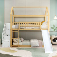 Azkoeesy Letto A Castello Con Scivolo E Lavagna 90x200 Cm – In Legno Di Pino Bianco E Naturale, Per Bambini E Adolescenti