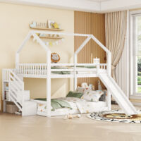 HAINEW Lettino a castello per bambini, 140 x 200 cm, con scivolo e scala, in legno, per bambini, con rete a doghe e protezione dalle cadute per 2 bambini (grigio, 140 x
