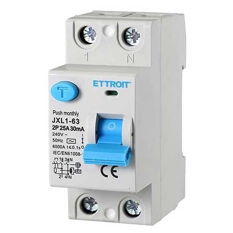 ETTROIT Disjoncteur à courant résiduel pur 2P 25A 6kA 30mA 220V Lifesaver 2 modules DIN Ettroit JX322561