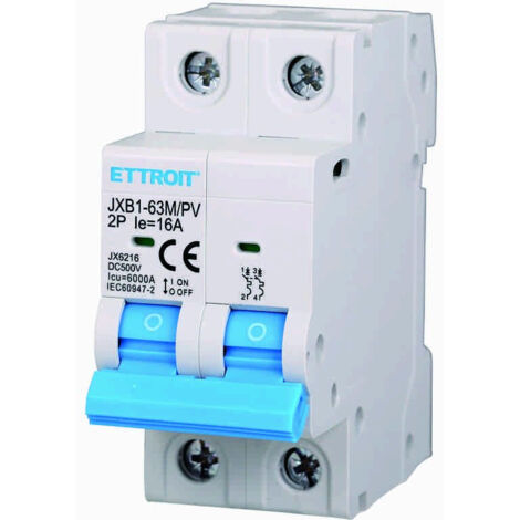 Interrupteur Thermique Magnétique Photovoltaïque 2P DC 500V 16A 6kA Occupe 2 Modules DIN Ettroit JX6216