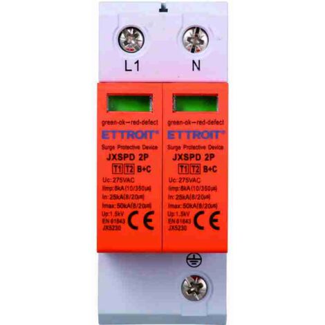 Parafoudre 220V Type T1+T2 B+C 2P Pôles 275V 25kA-50kA Occupe 2 Modules DIN Ettroit JX5230
