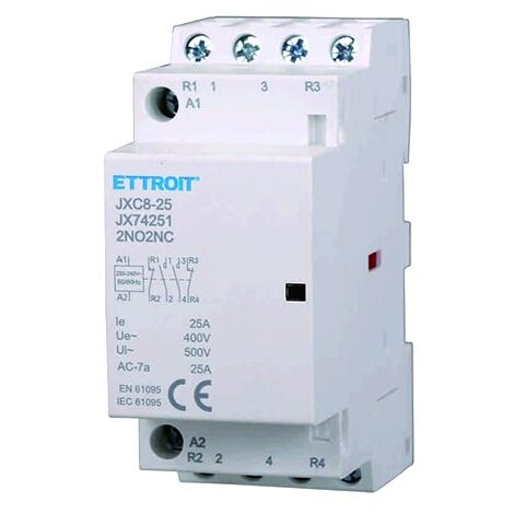 Ettroit – Contacteur pour tableau électrique 4 pôles 25 A 220 V CA – 2 contacts NO + 2 contacts NF – Montage rail DIN – JX74251
