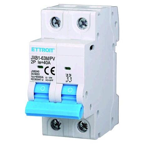 Interrupteur Thermique Magnétique Photovoltaïque 2P DC 500V 40A 6kA Occupe 2 Modules DIN Ettroit JX6240