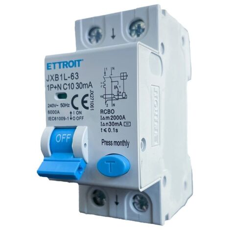 ETTROIT Disjoncteur différentiel 1P+N 10A 6kA 30mA 220V occupe 2 modules DIN JX271061