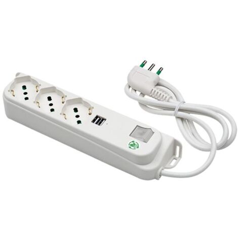 Multiprise FANTON OMEGA, 3 prises bypass Schuko 16A + 2 prises USB-A 5V 2,1A, câble 1,5 m. Fiche coudée italienne 16A 47450
