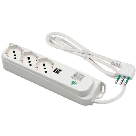Multiprise FANTON OMEGA 3 prises bypass Schuko + 2 prises USB-A 5V 2,1A, câble 1,5 m. Prise italienne 10A+ interrupteur de surcharge automatique lumineux 474504ECO