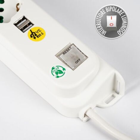 Multiprise FANTON OMEGA 3 prises bypass Schuko + 2 prises USB-A 5V 2,1A, câble 1,5 m. Prise italienne 10A+ interrupteur de surcharge automatique lumineux 474504ECO