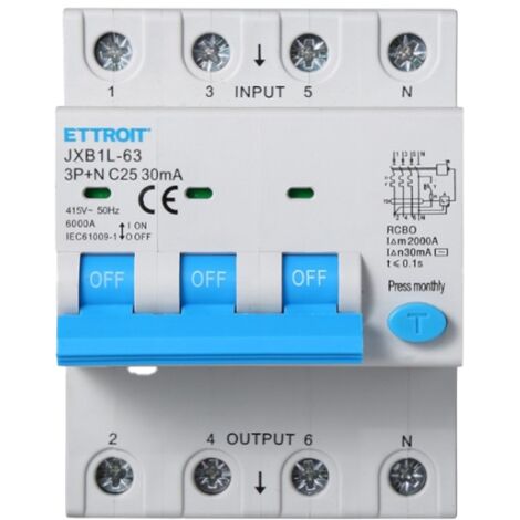 Interrupteur thermique magnétique différentiel Ettroit 3P+N 25A 30mA 380V-6KA JX262561 (1/4)