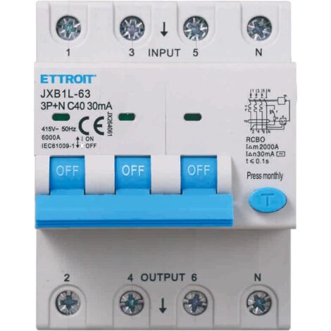 Interrupteur thermique magnétique différentiel Ettroit 3P+N 40A 30mA 380V-6KA JX264061 (1/4)