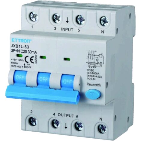 Ettroit – Interrupteur différentiel 3P+N 20A 30mA 380V – Protection contre surcharges et courts-circuits – 4 modules DIN – Potentiel d'interruption 6000A (1/5)