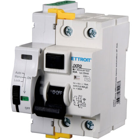 Ettroit – Disjoncteur à réarmement automatique 2P 40A – Tension 220V – Courant de rupture 6kA – Interrupteur différentiel – JXR2