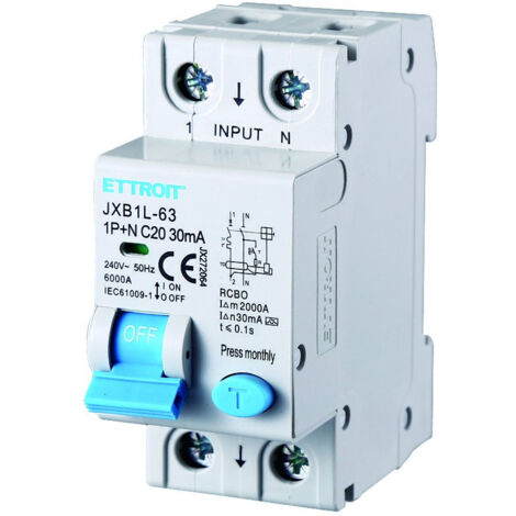 Ettroit – Interrupteur différentiel 1P+N 20A 6KA 30mA 220V – Bloc différentiel Type A – Protection contre surcharges et courts-circuits – 2 modules DIN (1/3)