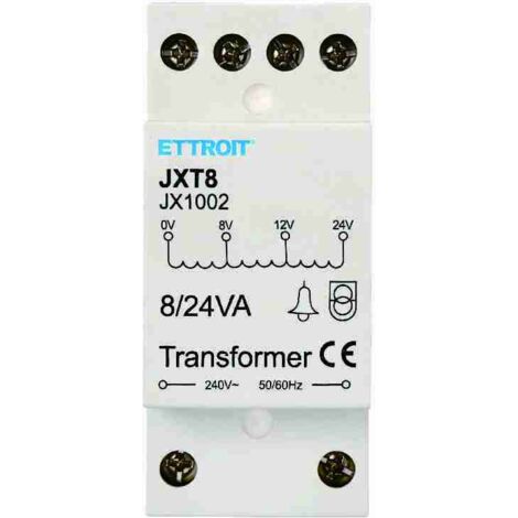 Ettroit – Transformateur pour interphone 220-240V AC – Sortie 8/12/24V DC – Puissance 8/24 VA – Montage rail DIN standard
