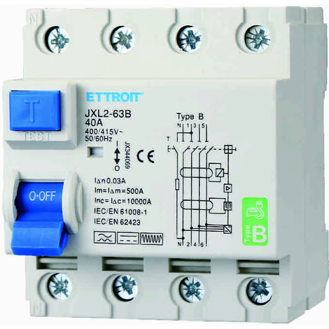 Ettroit – Disjoncteur différentiel 4P 40A 30mA JX344069 – Courbe B 6kA AC/DC 380V – Protection avancée pour systèmes triphasés - PUR 4 P