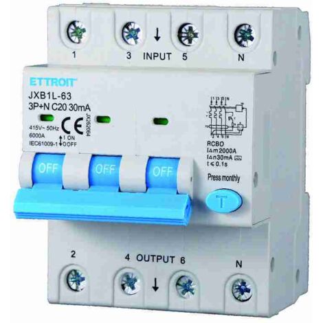 Interrupteur Thermique Magnétique Différentiel Ettroit 3P N 40A 30mA 380V-6KA JX264061