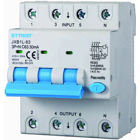 ETTROIT JX266364 Disjoncteur différentiel 3P+N 63A 30mA 380V-6KA CLASSE A (1/3)