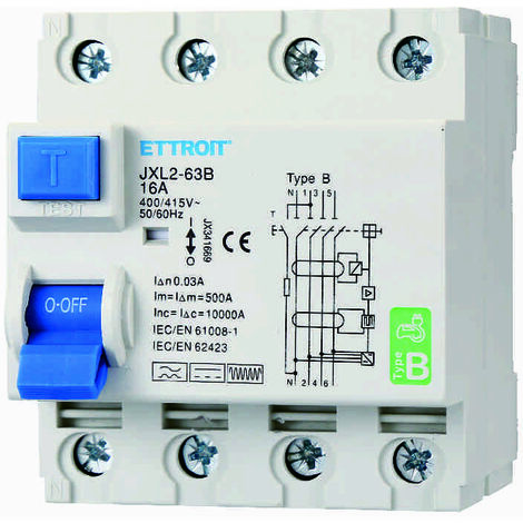 ETTROIT JX341669 Disjoncteur différentiel pur 4P 16A 30mA COURBE B 6KA AC/DC 380V