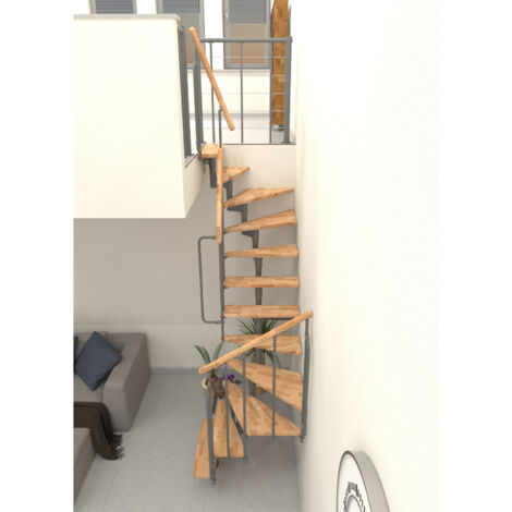 platzsparende gerade Treppe 12 Stufen - erreichbare Höhe 2.06 bis 2.81m - Graue Struktur und Buchenfarbene Stufen - JOKERT180-SGMHE-12