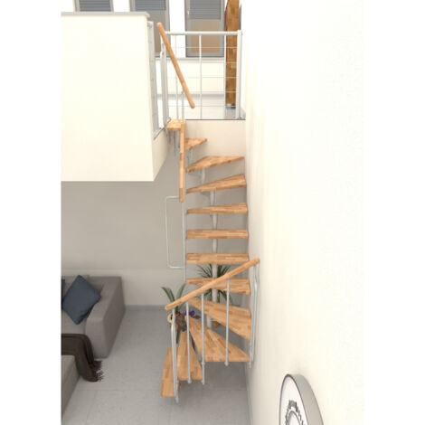 platzsparende gerade Treppe 12 Stufen - erreichbare Höhe 2.06 bis 2.81m - Weiße Struktur und Buchenfarbene Stufen - JOKERT180-SBMHE-12