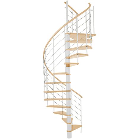 Minka Spindeltreppe Venezia Buche keilgezinkt mit Massivholzhandlauf und UK in weiß Ø160cm bis 305,5cm Geschosshöhe (1/5)