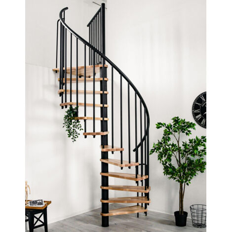 Minka Spindeltreppe Berlin in schwarz mit Buchenstufen bis 309cm Geschosshöhe Ø140cm