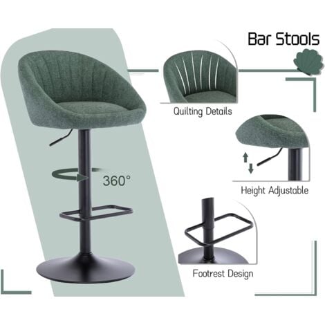 Taburetes de Bar Juego de 2 en Tela Sillas de Mostrador Modernas con Respaldo en Forma de Concha Sillas de Bar de Altura Ajustable para Bar en Casa, Verde, Wahson