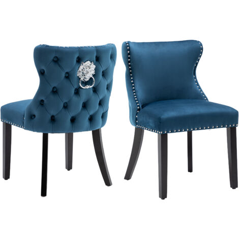 Sillas de Comedor 2Pcs en Terciopelo Tapizado Sillas de Ocio con Patas de Madera para Cocina Salón Restaurante, Azul, Wahson