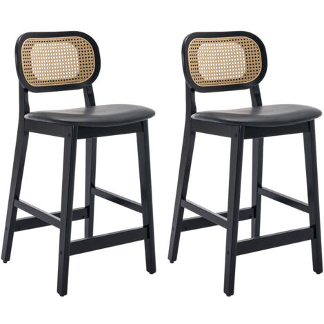 Juego de 2 Taburetes de Bar Madera Tapizado Cuero Sillas de Bar con Respaldo de Rattán Sillas de Mostrador para Isla de Cocina, Negro, Wahson