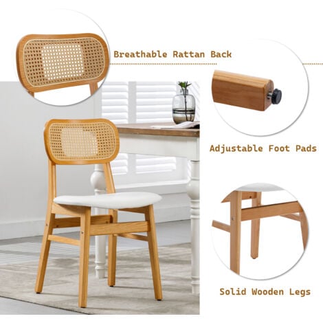 Juego de 2 Sillas de Comedor Madera Tapizada Sillas de Cocina con Respaldo de Rattán Sillas Laterales Modernas para Salón, Blanco, Wahson