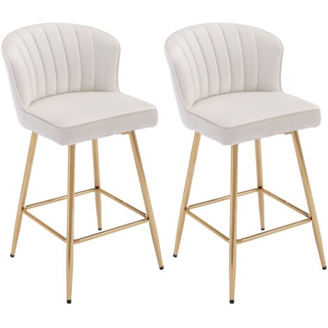 Taburetes de Bar de Terciopelo Juego de 2 Sillas Altas de Bar Moderna con Respaldo Taburetes de Cocina Patas Doradas para Desayuno Retaurante, Blanco, Wahson