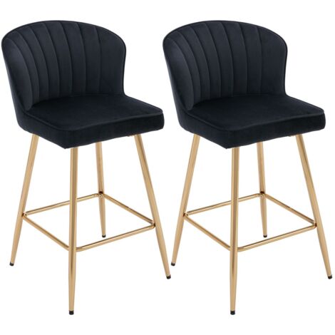 Taburetes de Bar de Terciopelo Juego de 2 Sillas Altas de Bar Moderna con Respaldo Taburetes de Cocina Patas Doradas para Desayuno Retaurante, Negro, Wahson