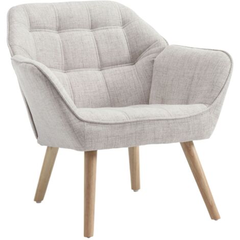 Sillón Moderno en Lino Grueso Acolchado Cómodo Ocio Silla con Patas de Madera para Dormitorio sala de Estar, Beige, Wahson
