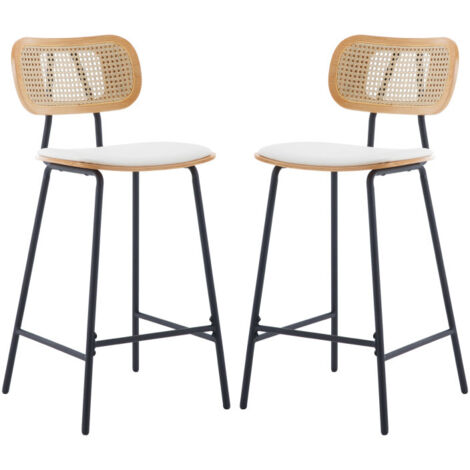 Sillas de Bar de Madera Juego de 2 Cojín de PU Taburetes de Cocina con Respaldo Rattán Sillas Rústico para Hogar Restaurante, Blanco