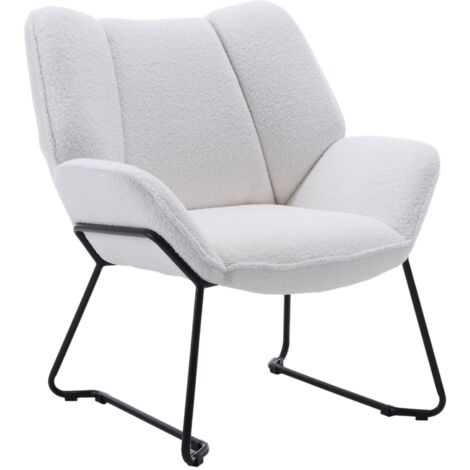 Wahson Sillón Moderno de Lana Sintética Tapizado Silla de Salón con Patas Negras Silla Reclinable de Ocio para Dormitorio Sala de Estar, Blanco