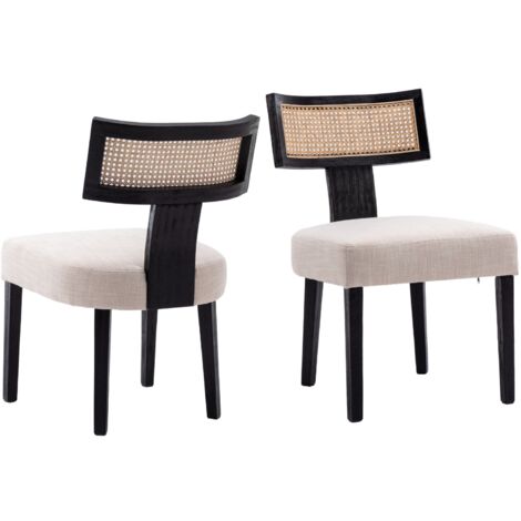 Juego de 2 Sillas de Comedor de Lino Sillas de Cocina de Madera Sillas Rústicas de Ocio con Respaldo Rattán para Cocina Restaurante, Negro, Wahson