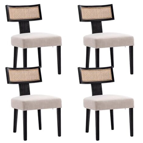 Wahson Juego de 4 Sillas de Comedor de Lino Sillas de Cocina de Madera Sillas Rústicas de Ocio con Respaldo Rattán para Cocina Restaurante, Negro