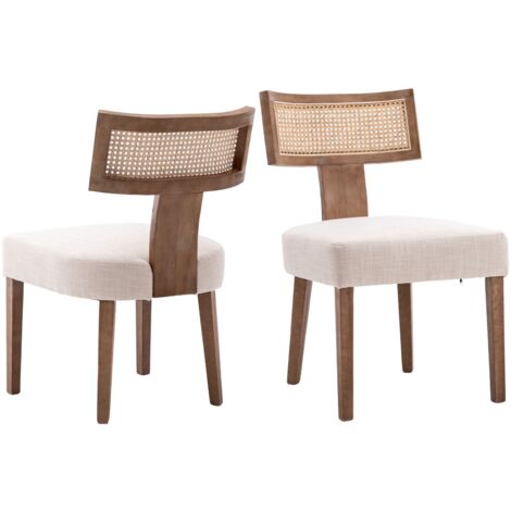 Wahson Juego de 2 Sillas de Comedor de Lino Sillas de Cocina de Madera Sillas Rústicas de Ocio con Respaldo Rattán para Cocina Restaurante, Beige