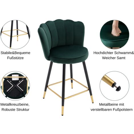 Juego de 2 Taburetes de Bar Tapizados en Terciopelo Modernos Taburetes de Mostrador con Respaldo de pétalos para Home Bar Mostrador Cocina, Verde, Wahson