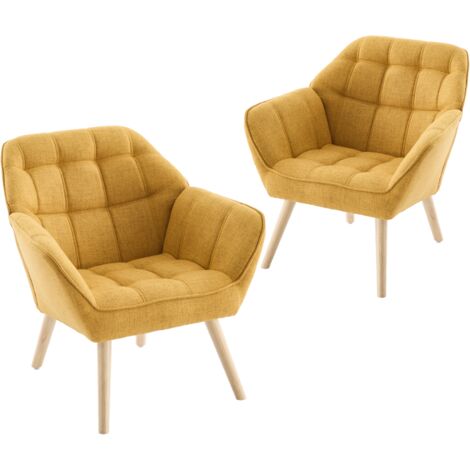 Sillón Moderno 2Pcs en Lino Grueso Acolchado Cómodo Ocio Silla con Patas de Madera para Dormitorio sala de Estar, Amarillo, Wahson