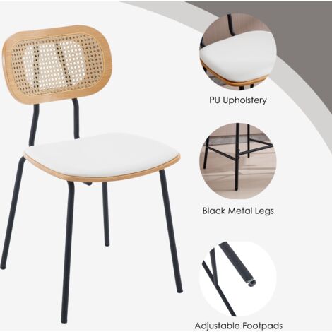 Sillas de Comedor de Madera Juego de 2 Sillas Cocina con Respaldo Sillas de Rattán Sillas de Cojín de PU para Hogar Salón Restaurante, Blanco