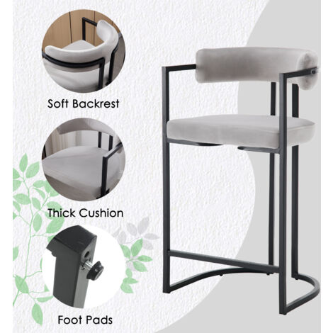 Juego de 2 Taburetes de Bar de Terciopelo Taburetes de Mostrador de Diseño Moderno con patas de Metal para Restaurante Salón, Gris, Wahson
