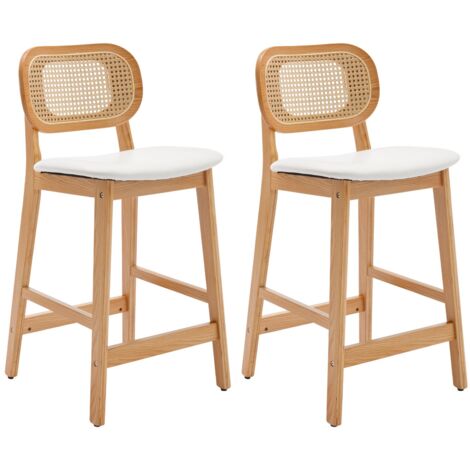 2er Set Barhocker aus Rattan gepolsterter Barstuhl Tresenhocker mit Holzbeine für Kücheninsel, Weiß (1/5)