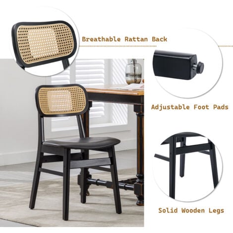 Set di 2 Sedie, Sedie da Pranzo in Rattan Sedie da Cucina Gambe in Legno Sedie in PU per Sala da Pranzo, Nero, WAHSON