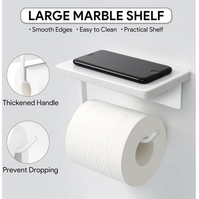 Toilettenpapierhalter Mit Marmor-Ablage – Matt Schwarz, Wandmontage Mit Edelstahl-Platte & Aufbewahrungsregal