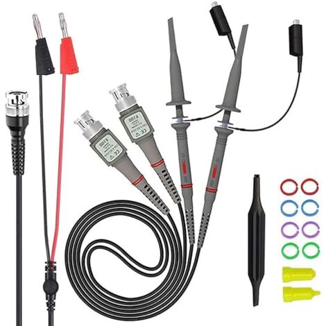 Universal-Oszilloskop-Tastkopf mit Zubehörsatz, 100-MHz-Oszilloskop-Clip-Tastköpfe mit BNC-zu-Minigrabber-Testkabelsatz (mit Bananenstecker-Testsatz) (1/2)