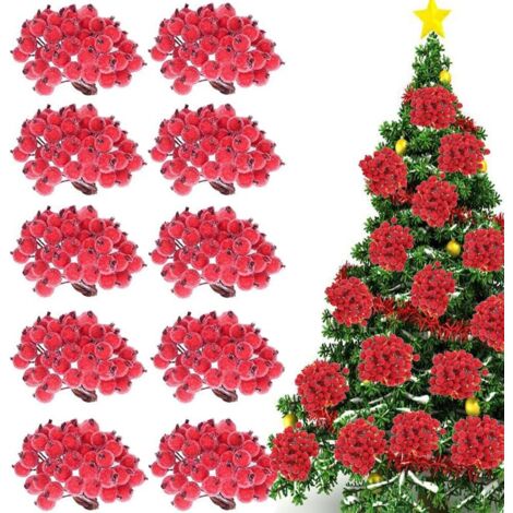 DOLASO 400 Stück künstliche rote Stechpalmenbeeren, künstliche Weihnachtsbeeren, Frost-Effekt, Girlande, Beeren, Dekoration, Mini-Fruchtbeeren, künstliche Blumen, Mini-Weihnachtsfrost-Fruchtbeere (1/5)