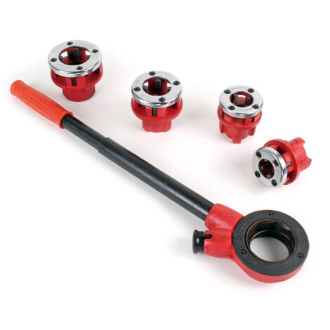 Wiltec Gewindeschneider Set 7-tlg. mit Schneidkluppe aus Stahl, Rohrschneider mit 4 Schneidköpfen, Schneideisen mit Ratschenverlängerung und Koffer